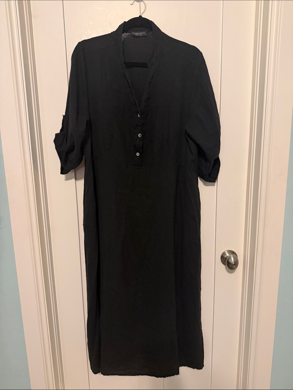 Black Midi Cotton and Linen Blend Lagenlook Oversized Dress with Pockets